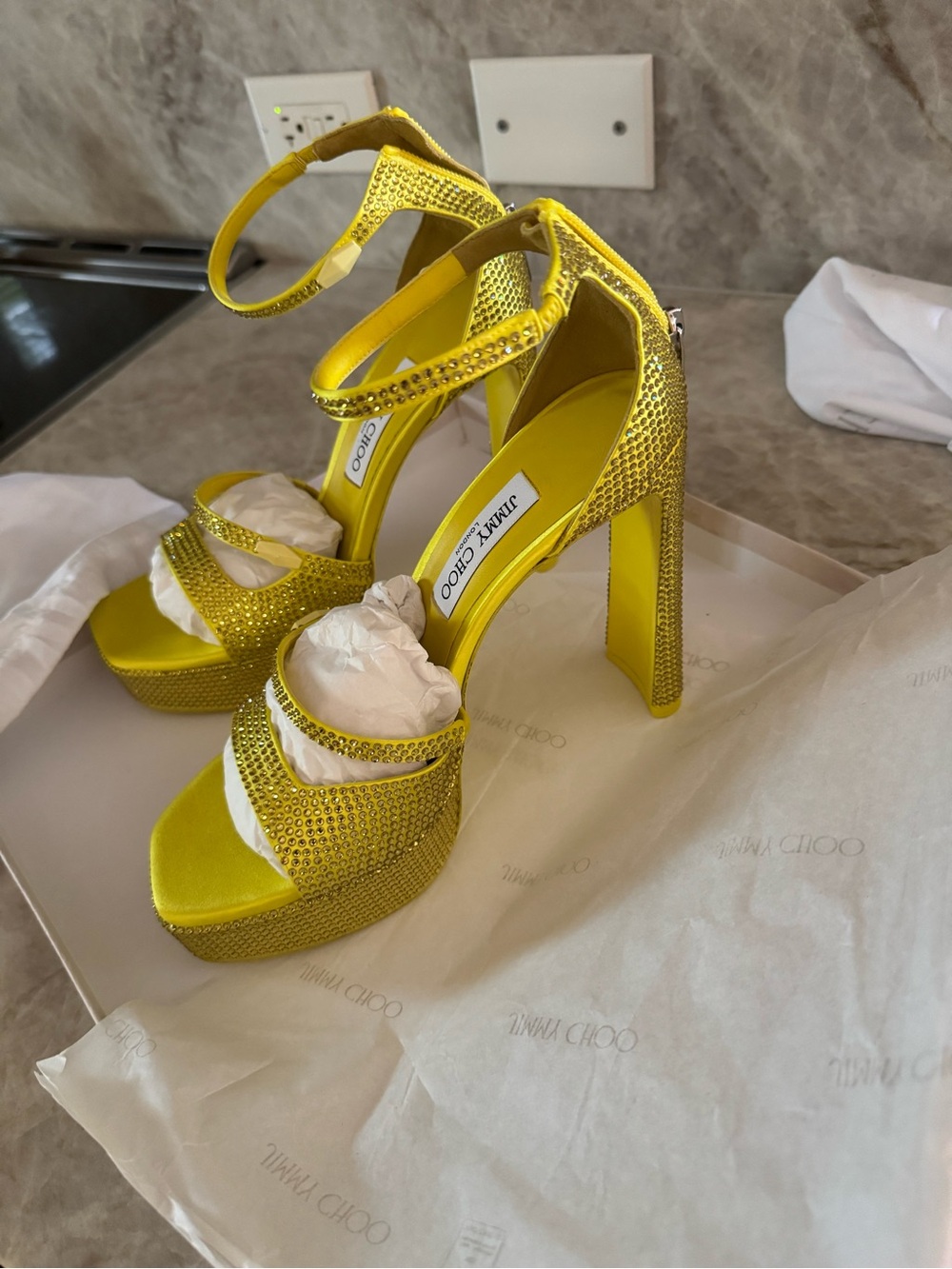 Jimmy Choo Yellow Crystal Embellished Platform Heels - Picture 6 of 9